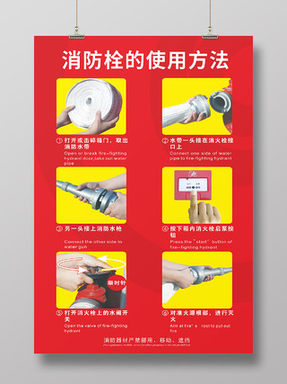红色简约消防消火栓使用方法海报背景消防栓灭火器使用方法